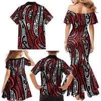 New Zealand Maori Taniko Family Matching Mermaid Dress and Hawaiian Shirt Red Kowhaiwhai Puhoro LT9 - Polynesian Pride