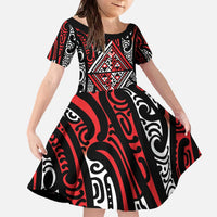 New Zealand Maori Taniko Family Matching Off The Shoulder Long Sleeve Dress and Hawaiian Shirt Red Kowhaiwhai Puhoro LT9 Daughter's Dress Red - Polynesian Pride