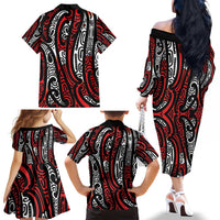 New Zealand Maori Taniko Family Matching Off The Shoulder Long Sleeve Dress and Hawaiian Shirt Red Kowhaiwhai Puhoro LT9 - Polynesian Pride