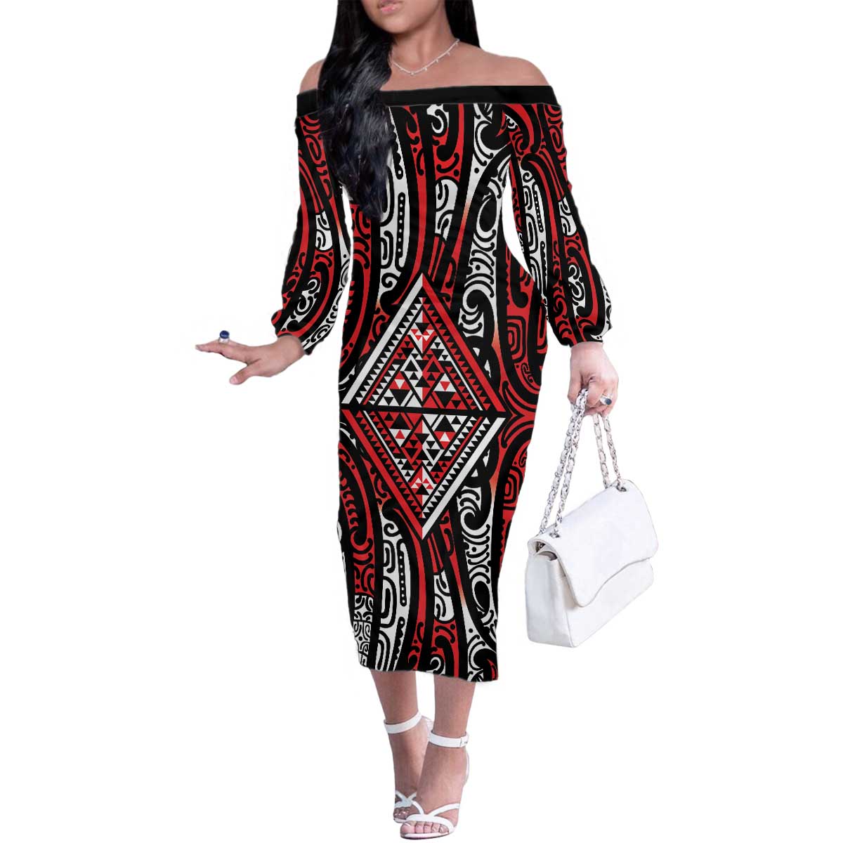 New Zealand Maori Taniko Family Matching Off The Shoulder Long Sleeve Dress and Hawaiian Shirt Red Kowhaiwhai Puhoro LT9 Mom's Dress Red - Polynesian Pride