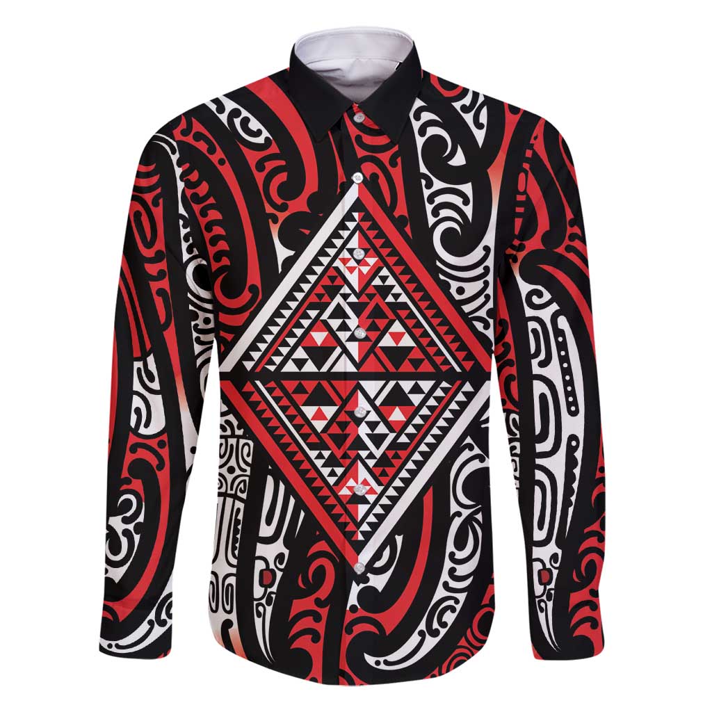 New Zealand Maori Taniko Family Matching Off Shoulder Short Dress and Hawaiian Shirt Red Kowhaiwhai Puhoro LT9 Dad's Shirt - Long Sleeve Red - Polynesian Pride