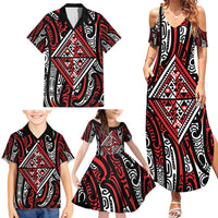New Zealand Maori Taniko Family Matching Summer Maxi Dress and Hawaiian Shirt Red Kowhaiwhai Puhoro LT9 - Polynesian Pride