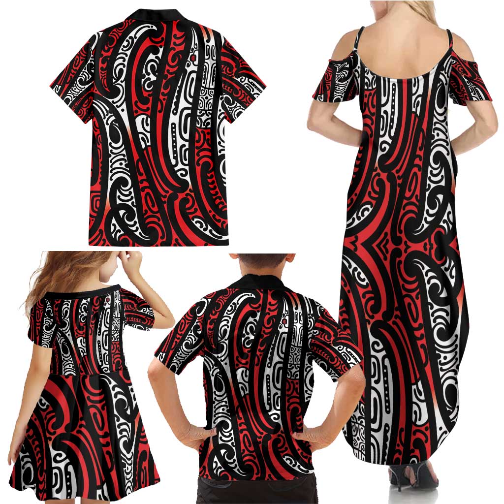 New Zealand Maori Taniko Family Matching Summer Maxi Dress and Hawaiian Shirt Red Kowhaiwhai Puhoro LT9 - Polynesian Pride