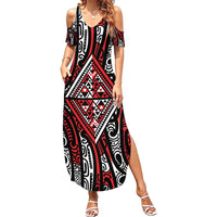 New Zealand Maori Taniko Family Matching Summer Maxi Dress and Hawaiian Shirt Red Kowhaiwhai Puhoro LT9 Mom's Dress Red - Polynesian Pride