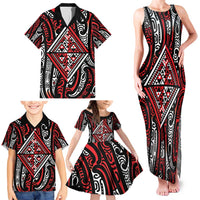 New Zealand Maori Taniko Family Matching Tank Maxi Dress and Hawaiian Shirt Red Kowhaiwhai Puhoro LT9 - Polynesian Pride