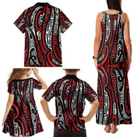 New Zealand Maori Taniko Family Matching Tank Maxi Dress and Hawaiian Shirt Red Kowhaiwhai Puhoro LT9 - Polynesian Pride