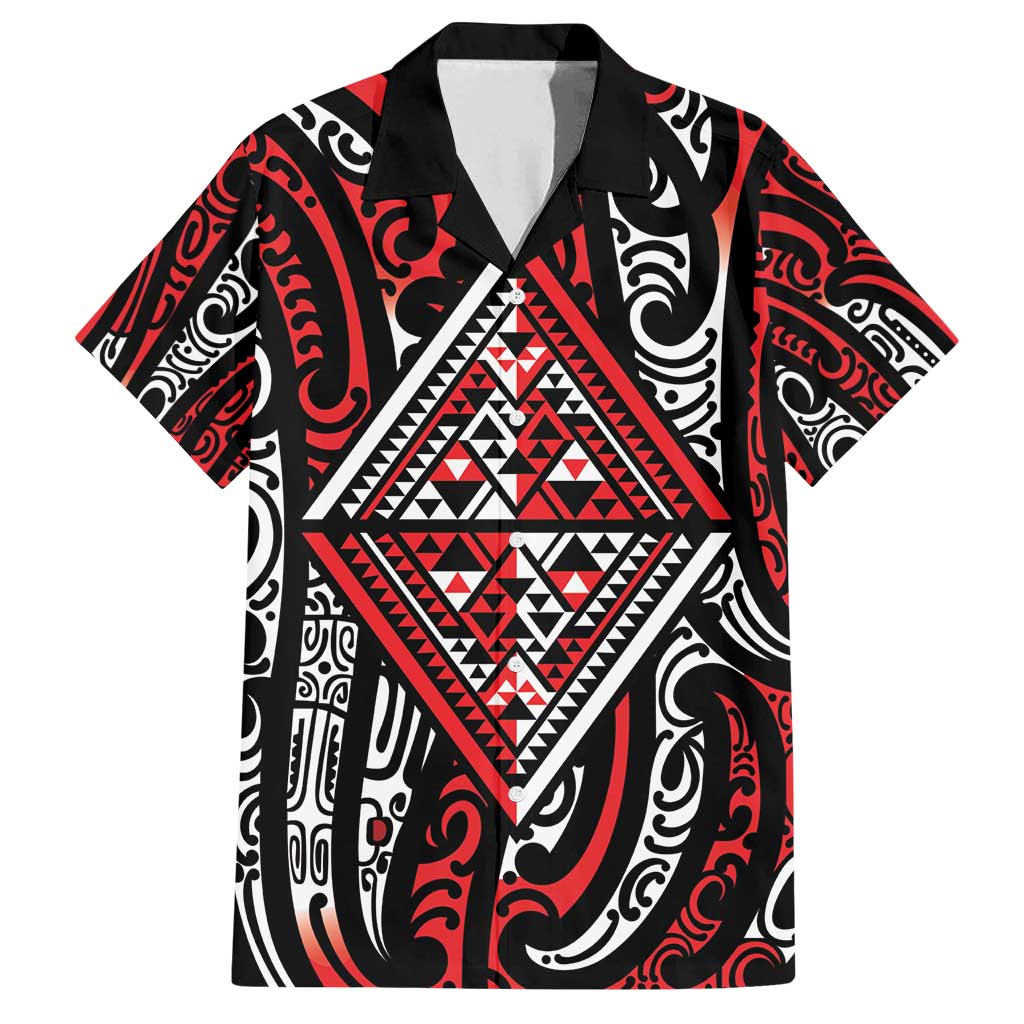 New Zealand Maori Taniko Family Matching Tank Maxi Dress and Hawaiian Shirt Red Kowhaiwhai Puhoro LT9 Dad's Shirt - Short Sleeve Red - Polynesian Pride