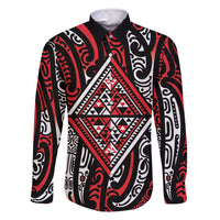 New Zealand Maori Taniko Family Matching Tank Maxi Dress and Hawaiian Shirt Red Kowhaiwhai Puhoro LT9 Dad's Shirt - Long Sleeve Red - Polynesian Pride