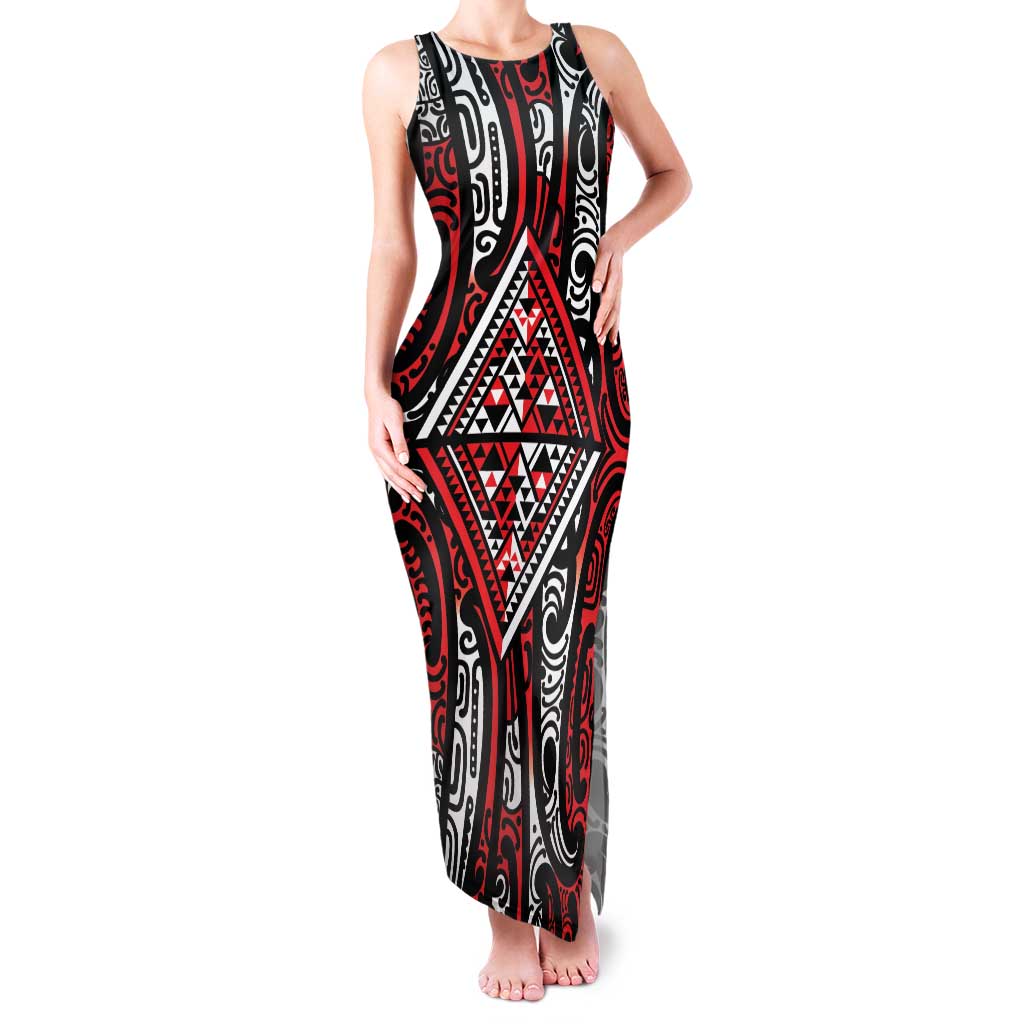 New Zealand Maori Taniko Family Matching Tank Maxi Dress and Hawaiian Shirt Red Kowhaiwhai Puhoro LT9 Mom's Dress Red - Polynesian Pride