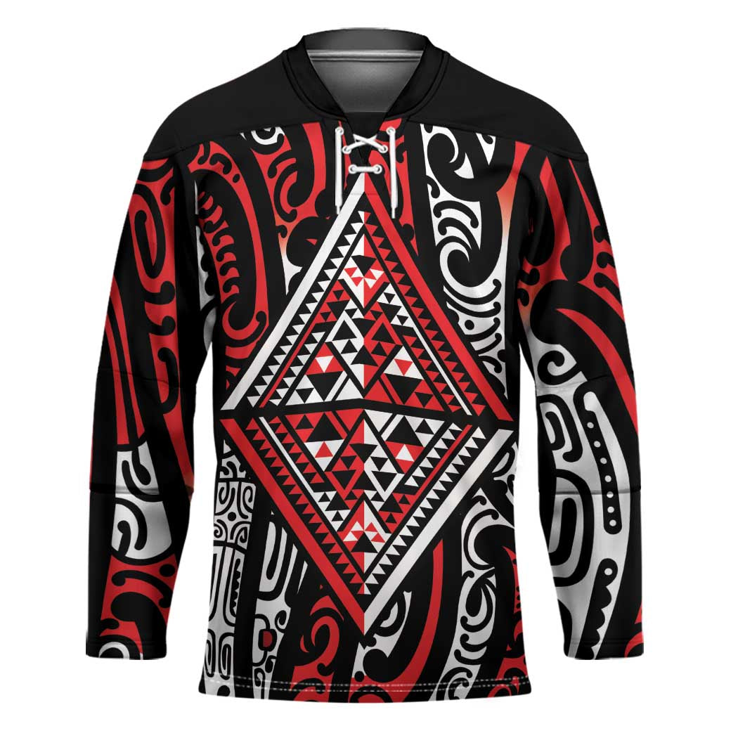 New Zealand Maori Taniko Hockey Jersey Red Kowhaiwhai Puhoro LT9 Unisex Red - Polynesian Pride