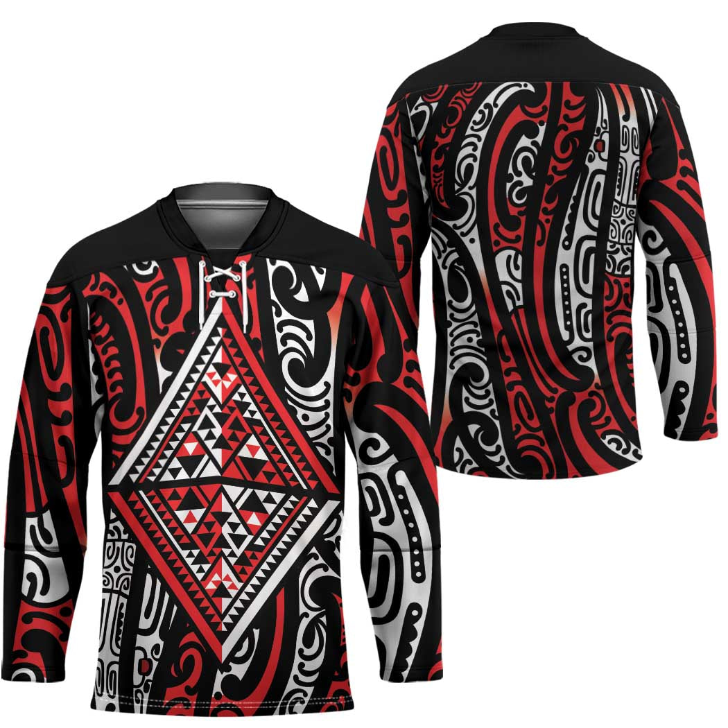 New Zealand Maori Taniko Hockey Jersey Red Kowhaiwhai Puhoro LT9 - Polynesian Pride