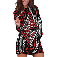 New Zealand Maori Taniko Hoodie Dress Red Kowhaiwhai Puhoro LT9 Red - Polynesian Pride