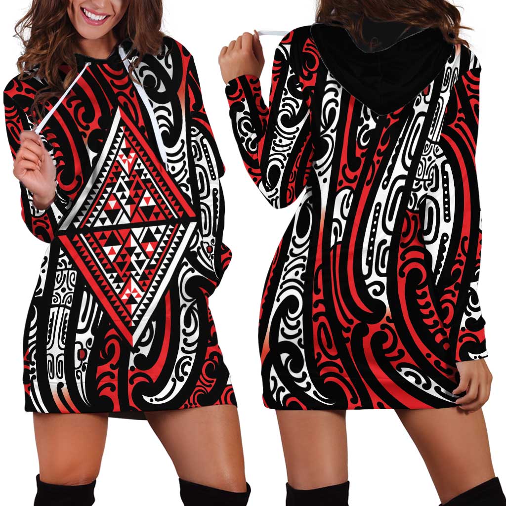New Zealand Maori Taniko Hoodie Dress Red Kowhaiwhai Puhoro LT9 - Polynesian Pride
