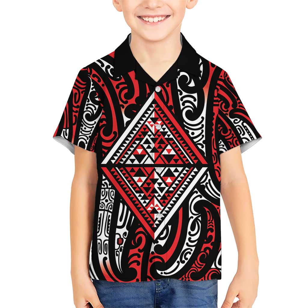 New Zealand Maori Taniko Kid Hawaiian Shirt Red Kowhaiwhai Puhoro LT9 Kid Red - Polynesian Pride