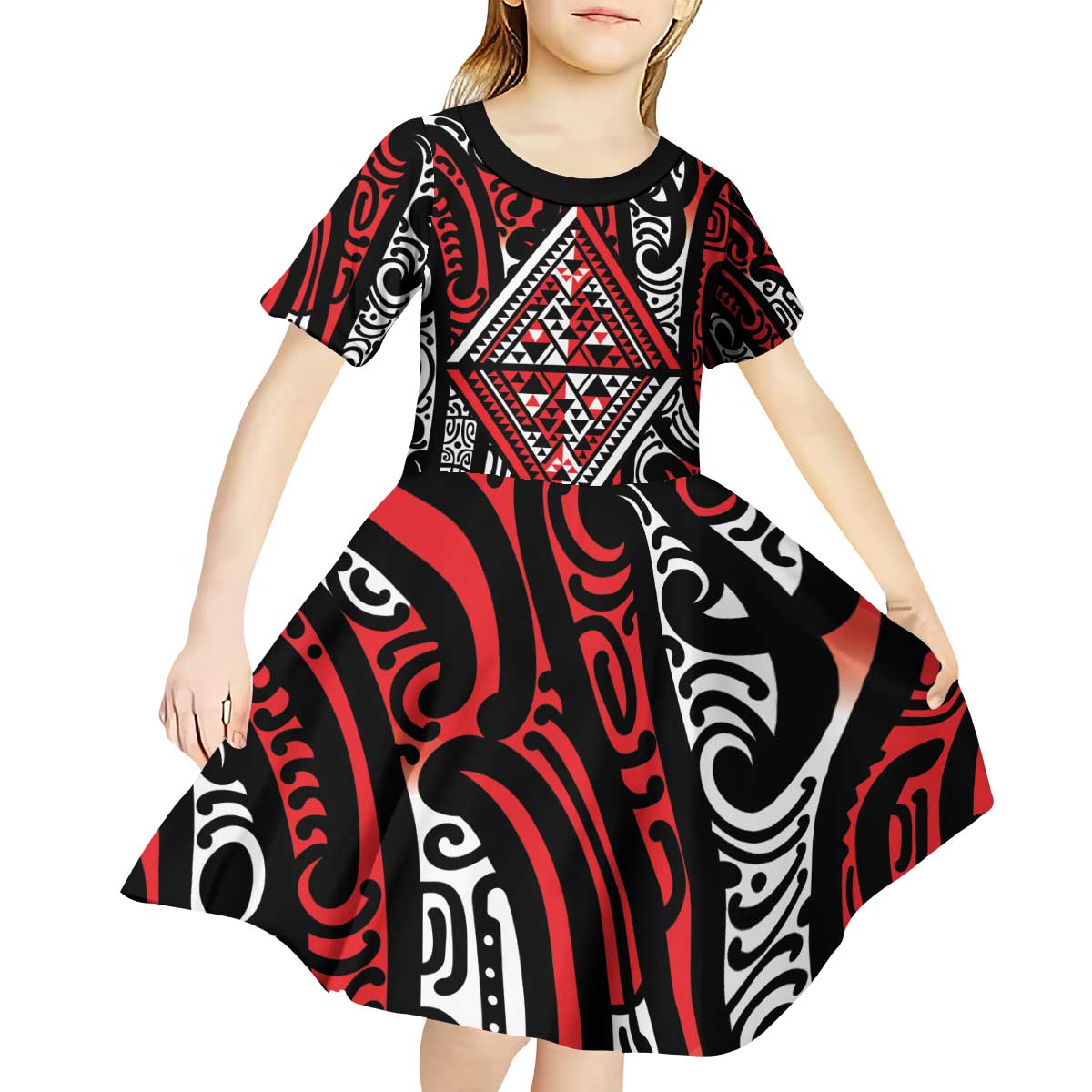 New Zealand Maori Taniko Kid Short Sleeve Dress Red Kowhaiwhai Puhoro LT9 - Polynesian Pride