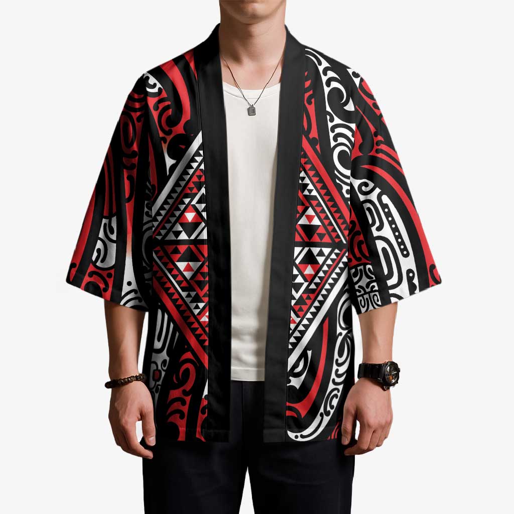 New Zealand Maori Taniko Kimono Red Kowhaiwhai Puhoro - Polynesian Pride