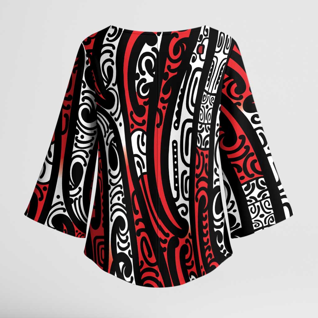 New Zealand Maori Taniko Kimono Sleeve Blouse Red Kowhaiwhai Puhoro LT9 - Polynesian Pride