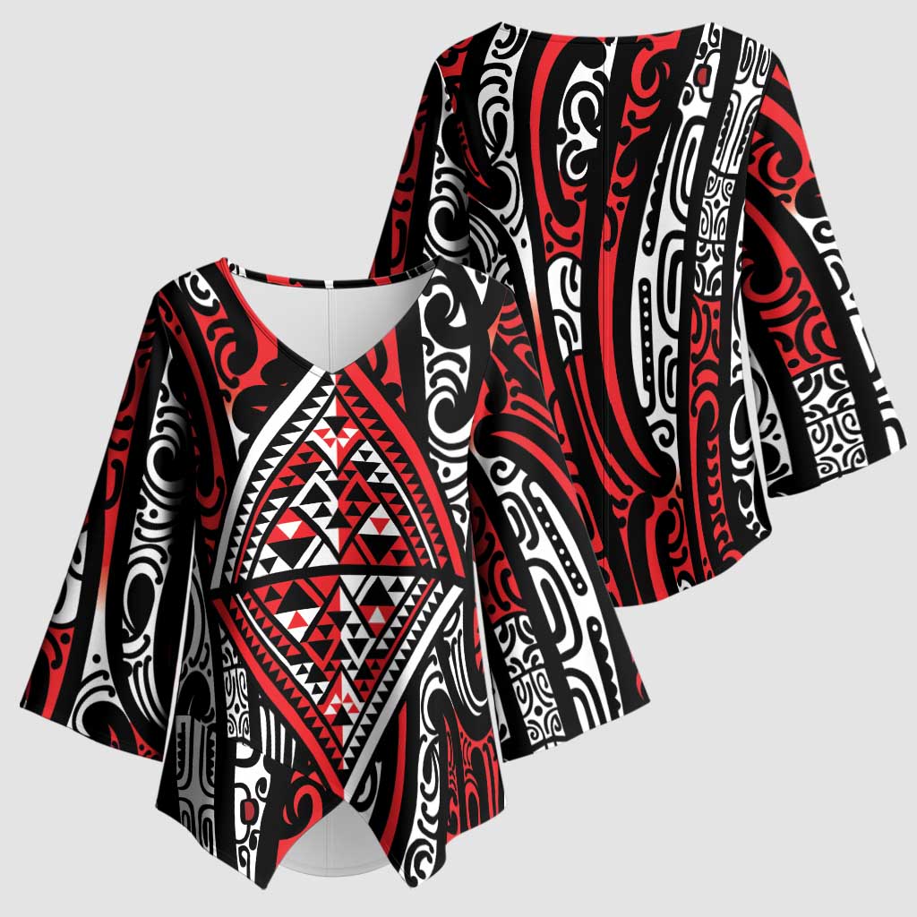 New Zealand Maori Taniko Kimono Sleeve Blouse Red Kowhaiwhai Puhoro LT9 - Polynesian Pride