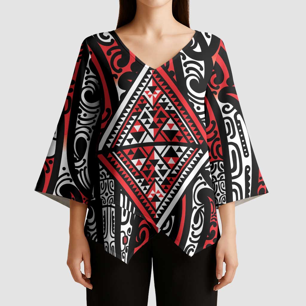 New Zealand Maori Taniko Kimono Sleeve Blouse Red Kowhaiwhai Puhoro LT9 - Polynesian Pride