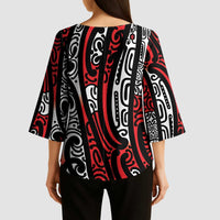 New Zealand Maori Taniko Kimono Sleeve Blouse Red Kowhaiwhai Puhoro LT9 - Polynesian Pride