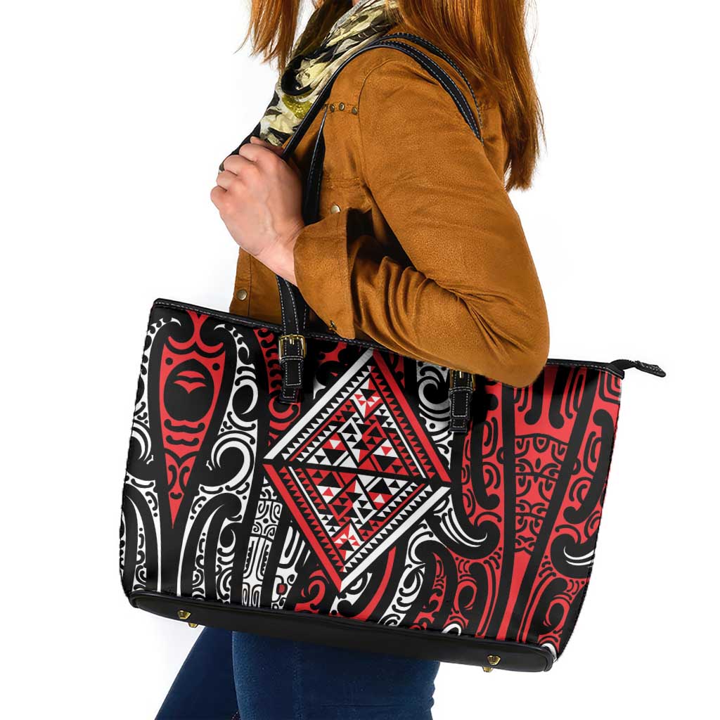 New Zealand Maori Taniko Leather Tote Bag Red Kowhaiwhai Puhoro LT9 Red - Polynesian Pride