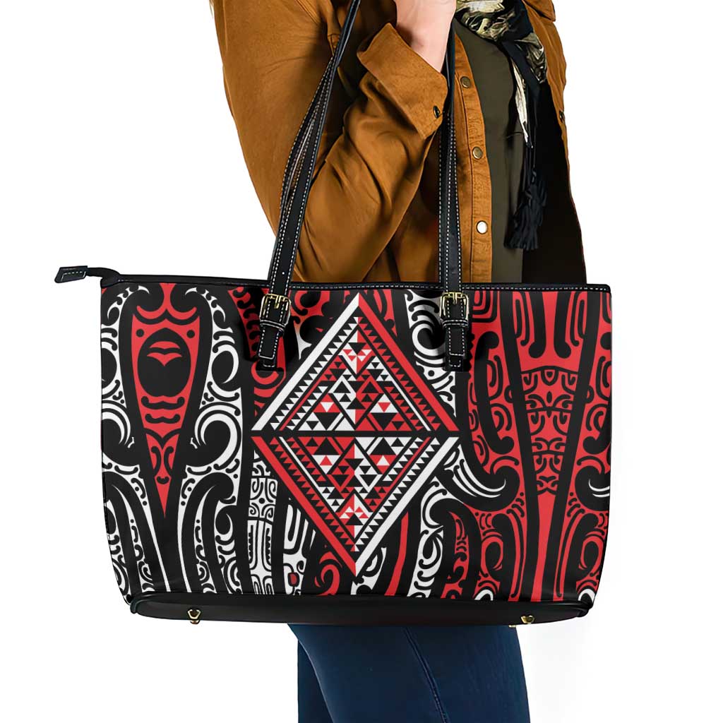 New Zealand Maori Taniko Leather Tote Bag Red Kowhaiwhai Puhoro LT9 - Polynesian Pride
