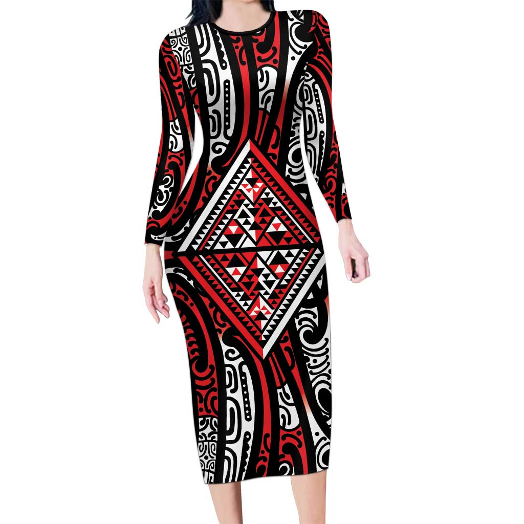 New Zealand Maori Taniko Long Sleeve Bodycon Dress Red Kowhaiwhai Puhoro LT9 Long Dress Red - Polynesian Pride