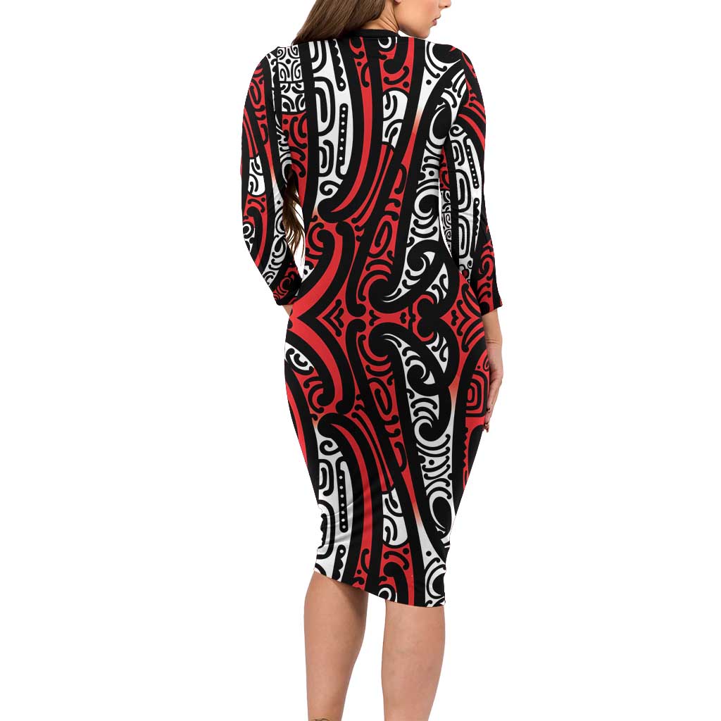 New Zealand Maori Taniko Long Sleeve Bodycon Dress Red Kowhaiwhai Puhoro LT9 - Polynesian Pride