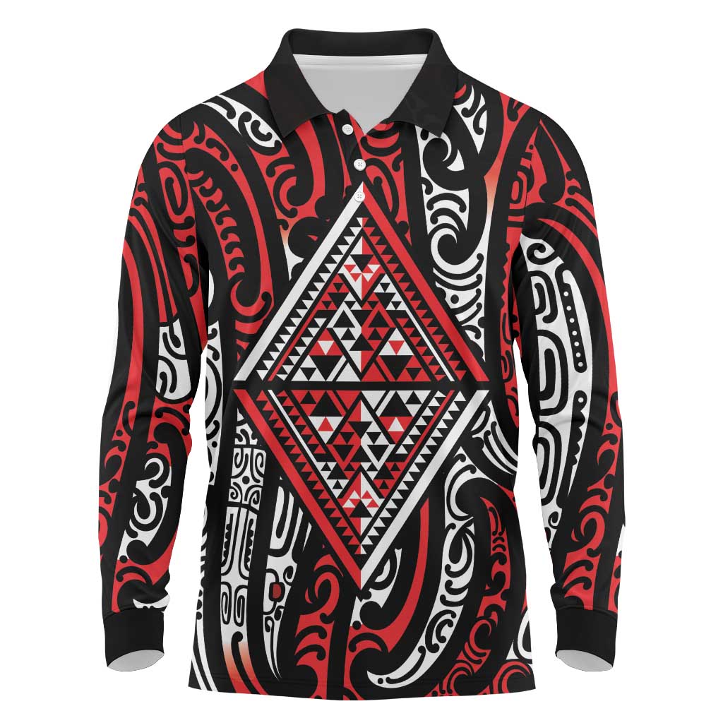 New Zealand Maori Taniko Long Sleeve Polo Shirt Red Kowhaiwhai Puhoro LT9 Red - Polynesian Pride