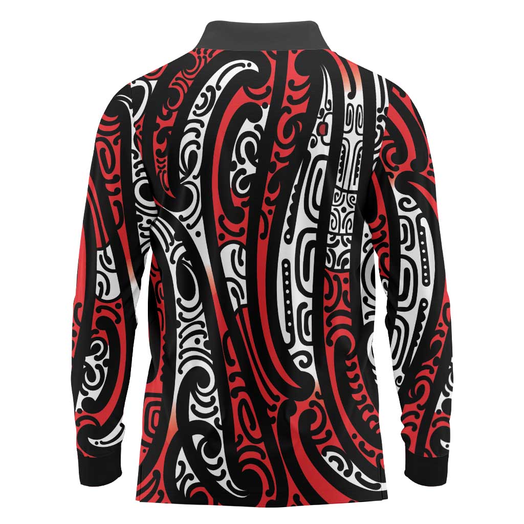 New Zealand Maori Taniko Long Sleeve Polo Shirt Red Kowhaiwhai Puhoro LT9 - Polynesian Pride