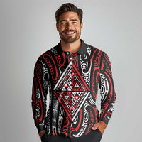New Zealand Maori Taniko Long Sleeve Polo Shirt Red Kowhaiwhai Puhoro LT9 - Polynesian Pride