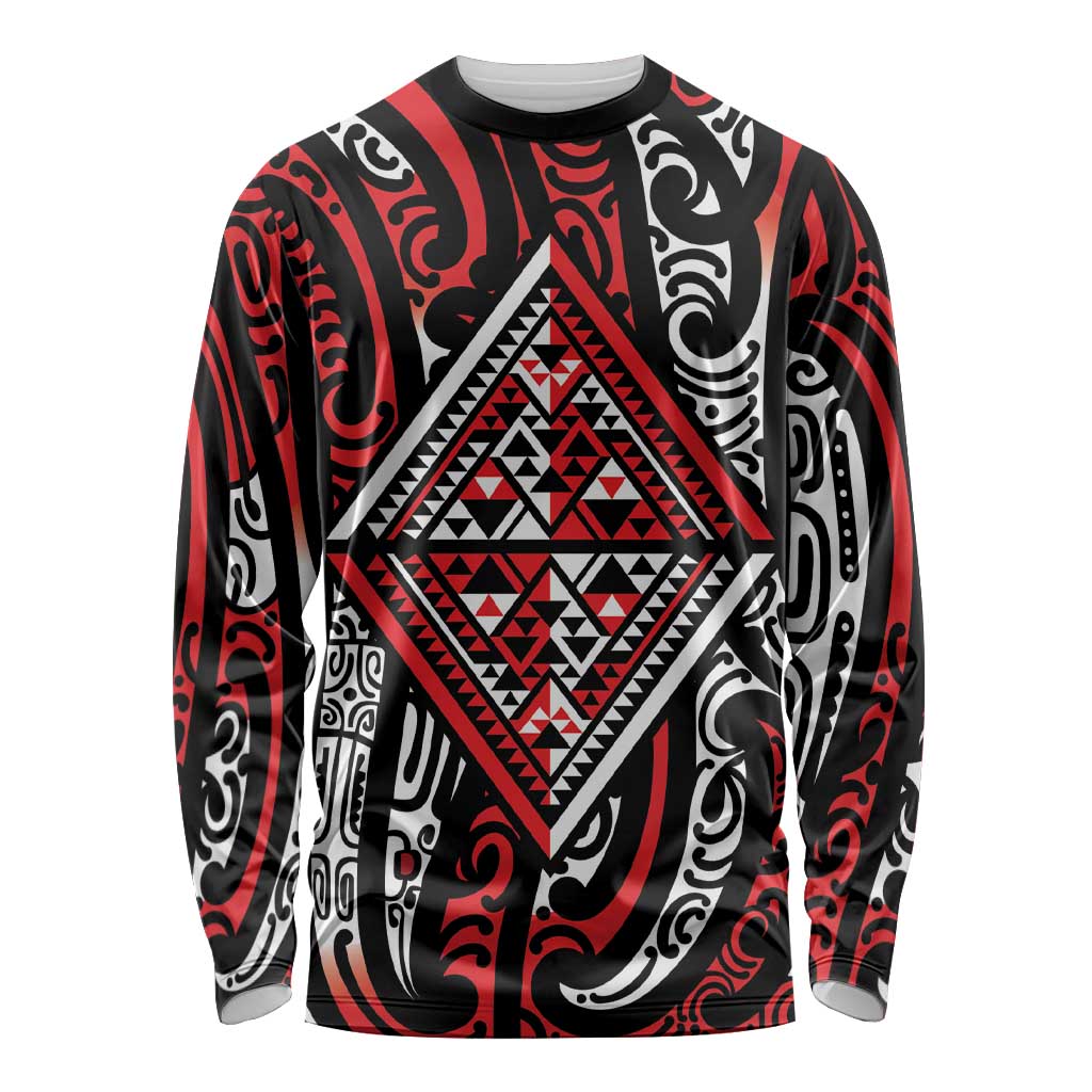 New Zealand Maori Taniko Long Sleeve Shirt Red Kowhaiwhai Puhoro LT9 Unisex Red - Polynesian Pride