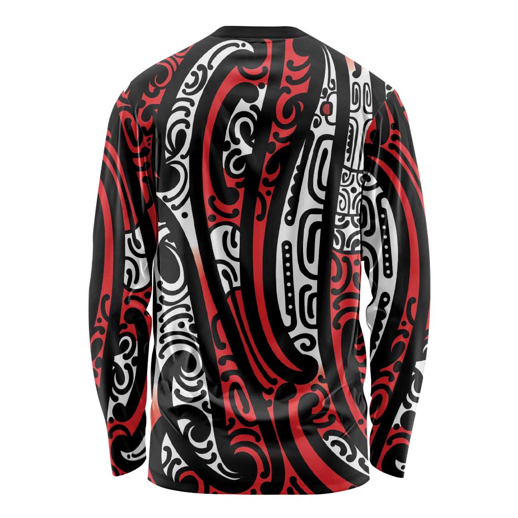 New Zealand Maori Taniko Long Sleeve Shirt Red Kowhaiwhai Puhoro LT9 - Polynesian Pride