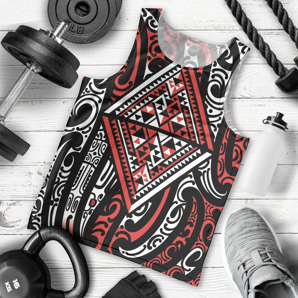 New Zealand Maori Taniko Men Tank Top Red Kowhaiwhai Puhoro