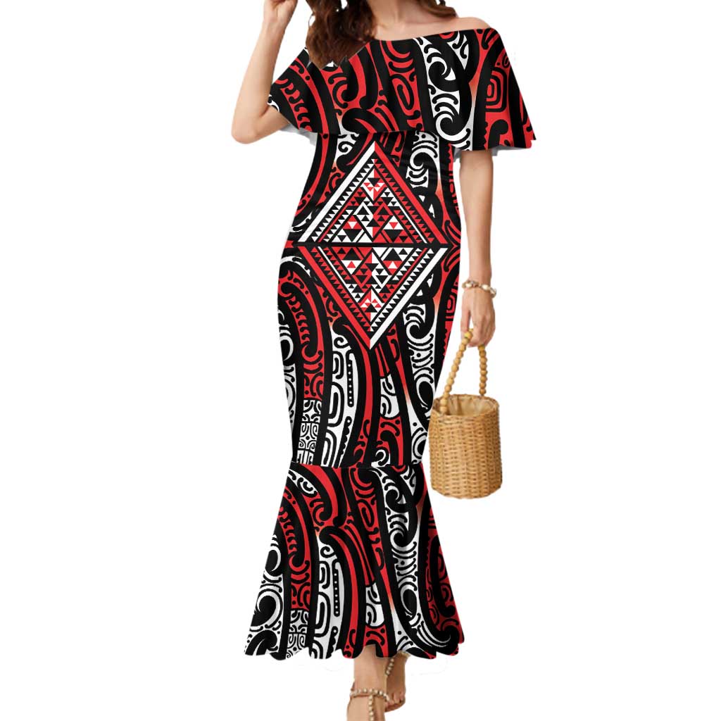 New Zealand Maori Taniko Mermaid Dress Red Kowhaiwhai Puhoro LT9 Women Red - Polynesian Pride