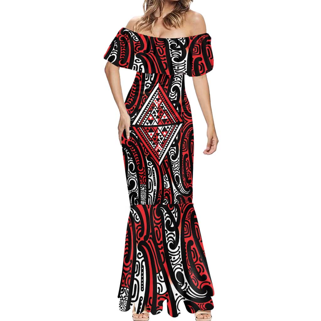 New Zealand Maori Taniko Mermaid Dress Red Kowhaiwhai Puhoro LT9 - Polynesian Pride