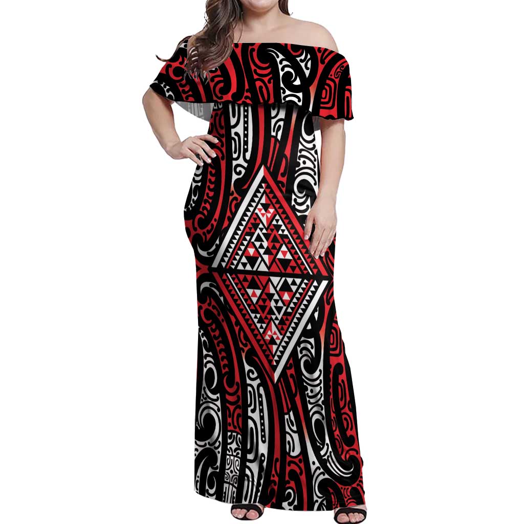 New Zealand Maori Taniko Off Shoulder Maxi Dress Red Kowhaiwhai Puhoro LT9 Women Red - Polynesian Pride