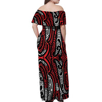 New Zealand Maori Taniko Off Shoulder Maxi Dress Red Kowhaiwhai Puhoro LT9 - Polynesian Pride