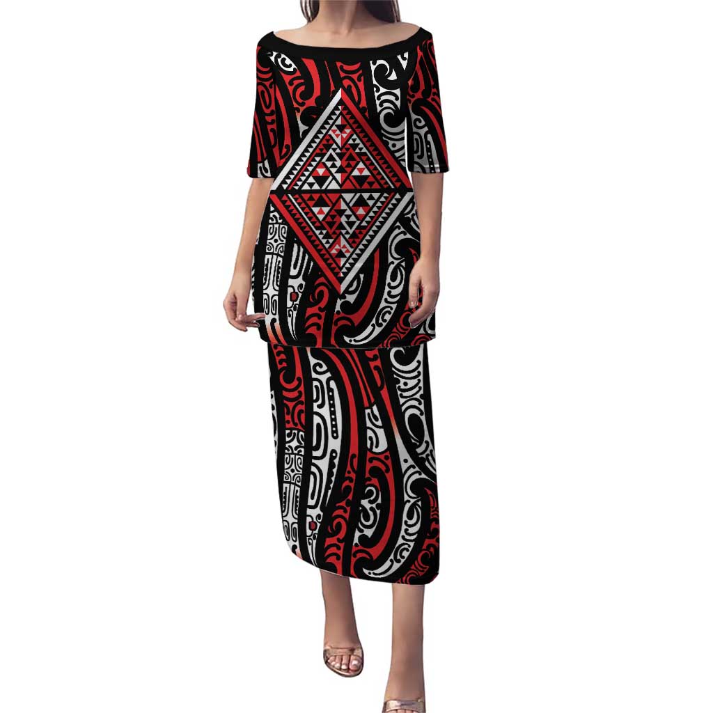 New Zealand Maori Taniko Puletasi Red Kowhaiwhai Puhoro LT9 Long Dress Red - Polynesian Pride