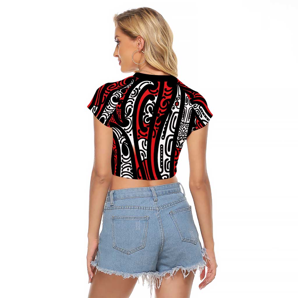 New Zealand Maori Taniko Raglan Cropped T Shirt Red Kowhaiwhai Puhoro LT9 - Polynesian Pride