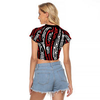 New Zealand Maori Taniko Raglan Cropped T Shirt Red Kowhaiwhai Puhoro LT9 - Polynesian Pride