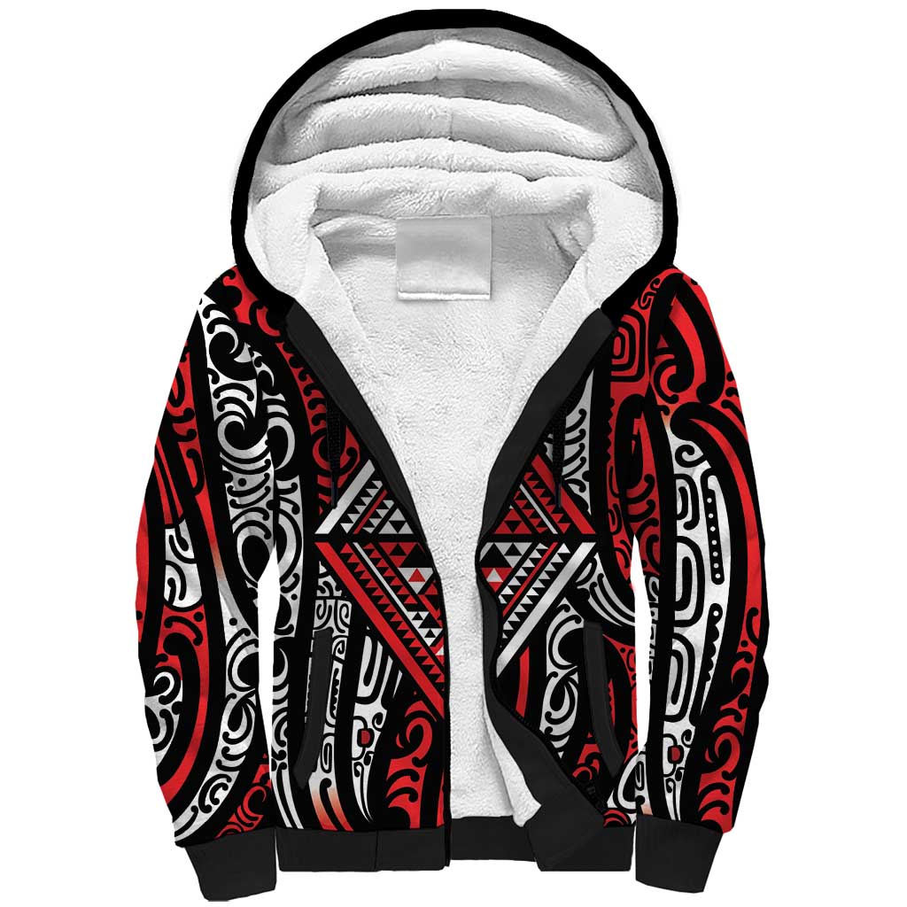 New Zealand Maori Taniko Sherpa Hoodie Red Kowhaiwhai Puhoro LT9 Unisex Red - Polynesian Pride