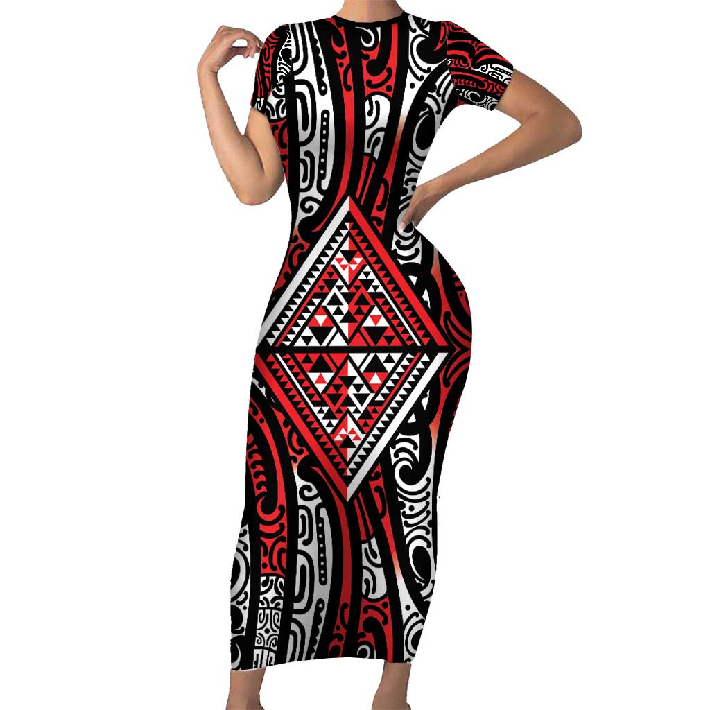 New Zealand Maori Taniko Short Sleeve Bodycon Dress Red Kowhaiwhai Puhoro LT9 Long Dress Red - Polynesian Pride