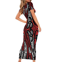 New Zealand Maori Taniko Short Sleeve Bodycon Dress Red Kowhaiwhai Puhoro LT9 - Polynesian Pride