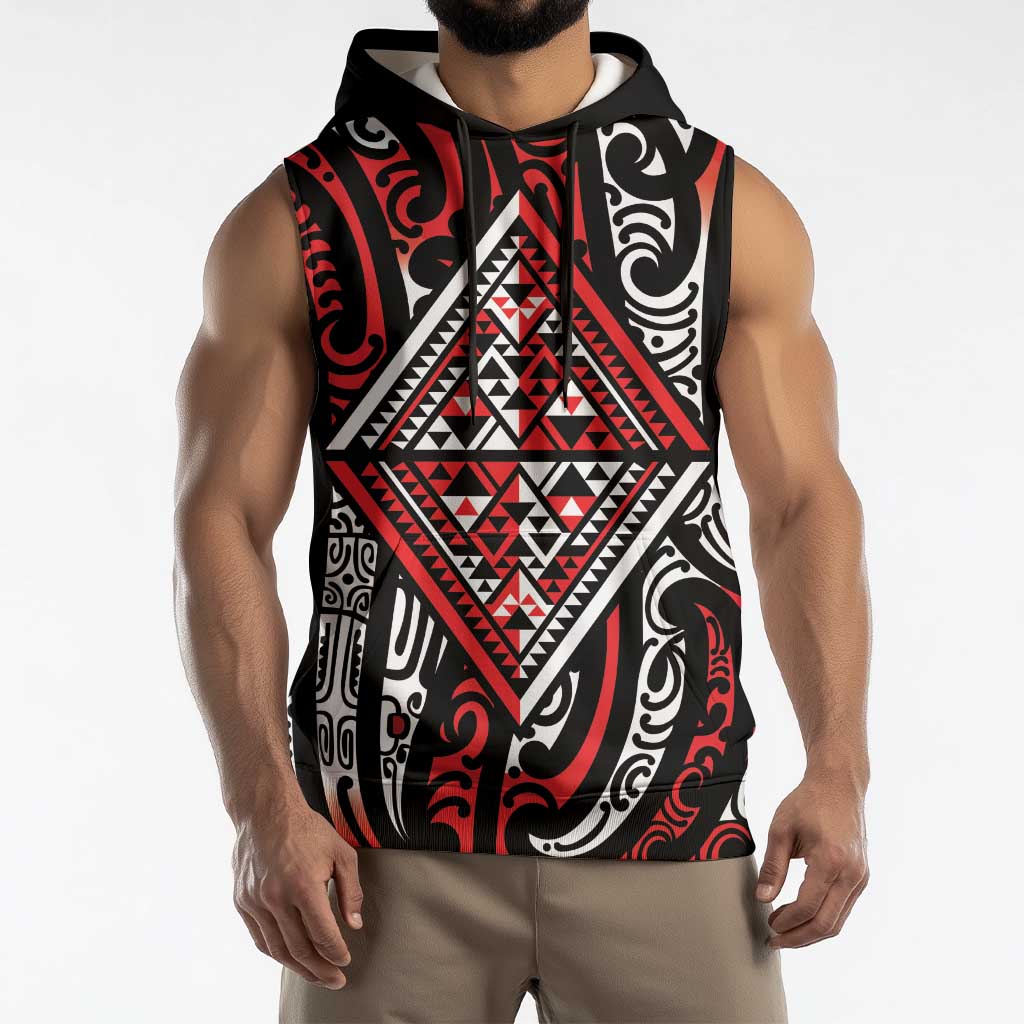 New Zealand Maori Taniko Sleeveless Hoodie Red Kowhaiwhai Puhoro LT9 - Polynesian Pride