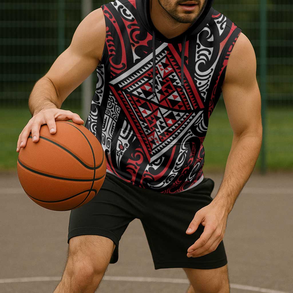 New Zealand Maori Taniko Sleeveless Hoodie Red Kowhaiwhai Puhoro LT9 - Polynesian Pride