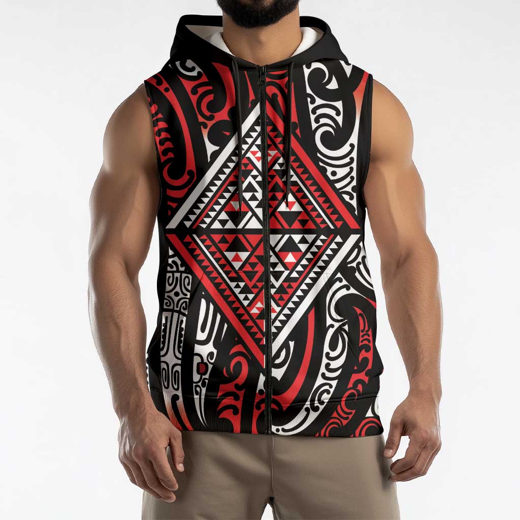 New Zealand Maori Taniko Sleeveless Zip Hoodie Red Kowhaiwhai Puhoro LT9 - Polynesian Pride