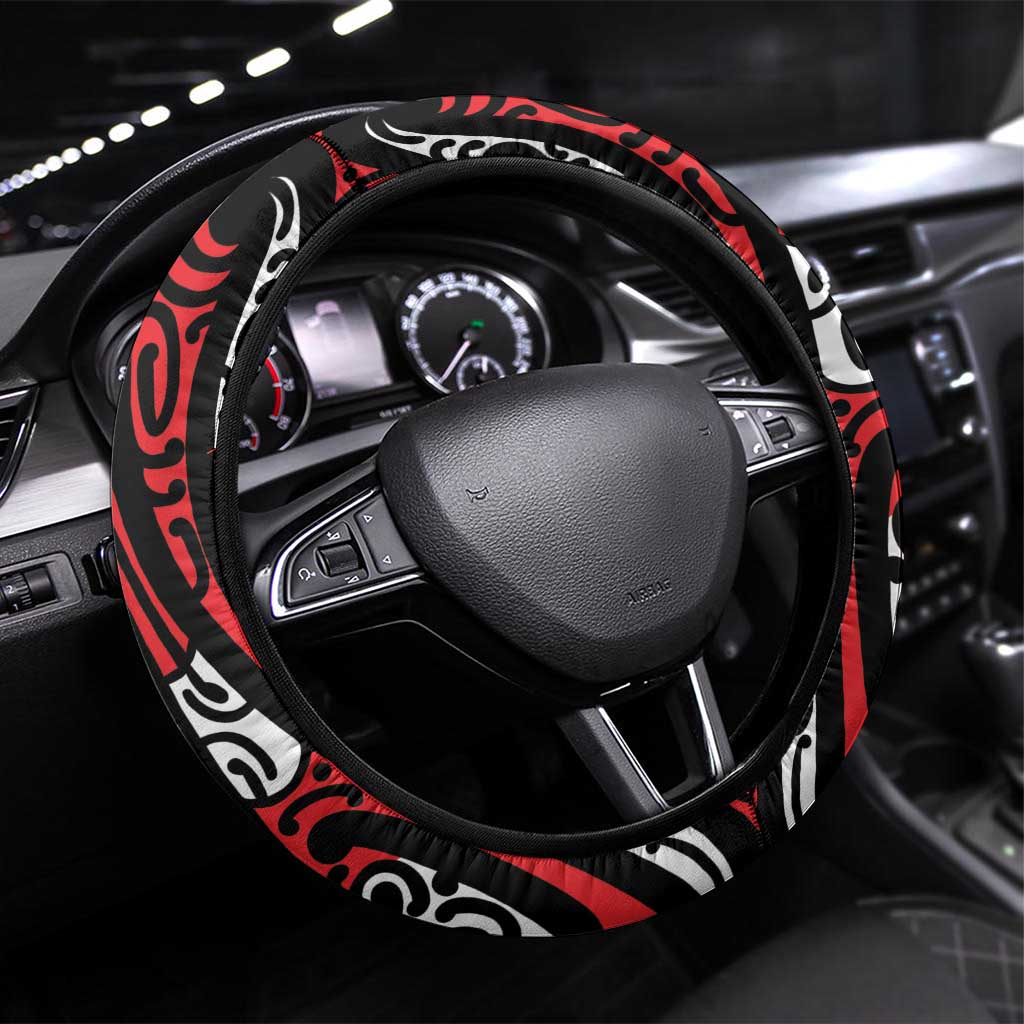 New Zealand Maori Taniko Steering Wheel Cover Red Kowhaiwhai Puhoro LT9 Universal Fit Red - Polynesian Pride