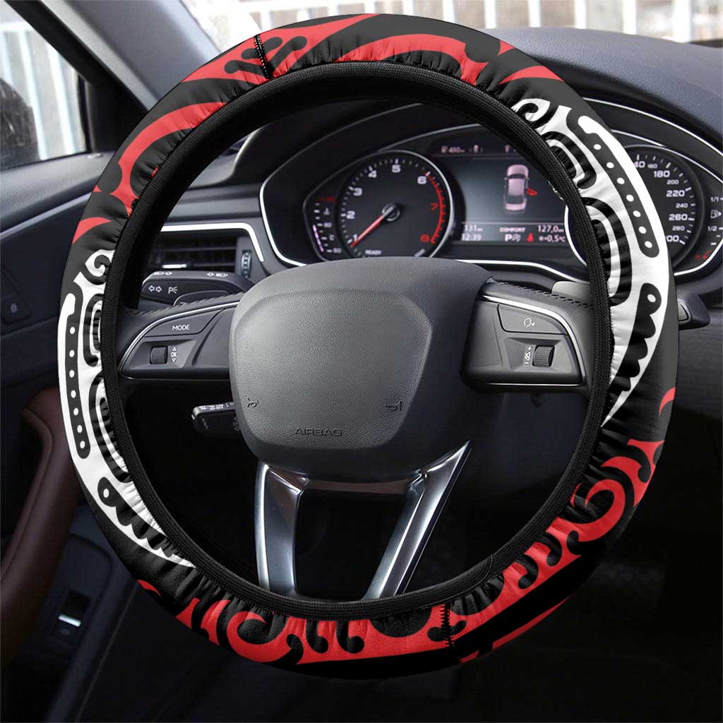 New Zealand Maori Taniko Steering Wheel Cover Red Kowhaiwhai Puhoro LT9 - Polynesian Pride