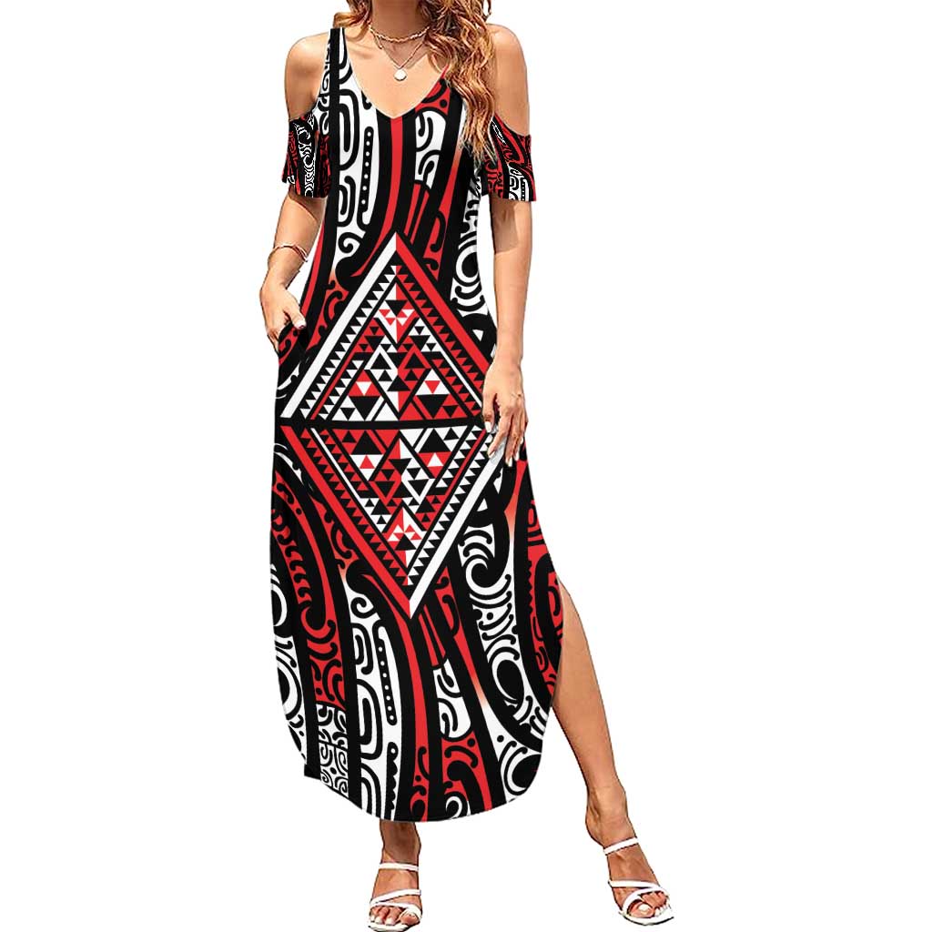 New Zealand Maori Taniko Summer Maxi Dress Red Kowhaiwhai Puhoro